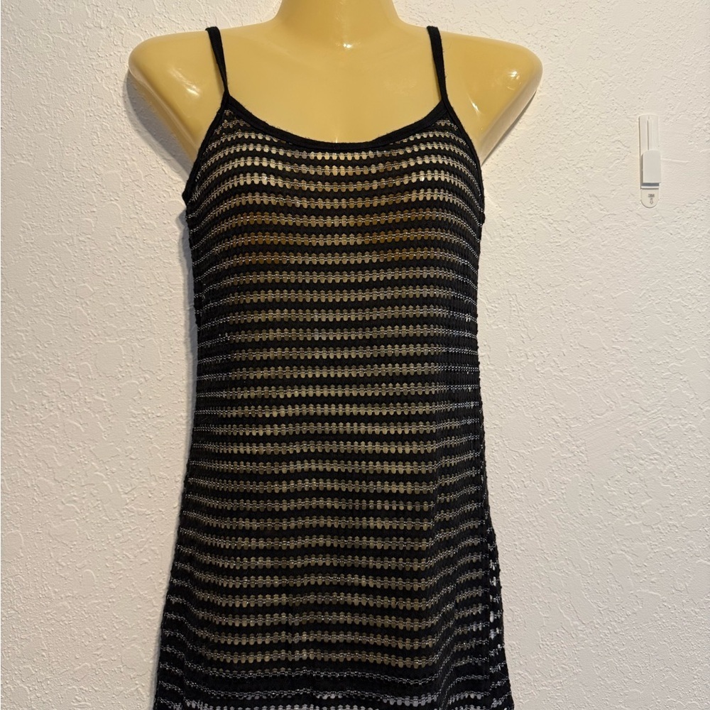 BKE Women’s Black See-Through Mesh Tank Top Size L Semi Sheer Striped Detail